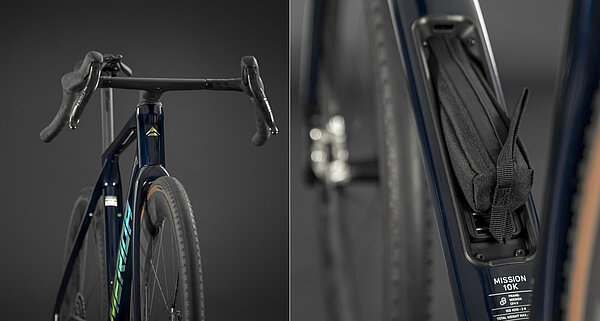 Bilder, die ein Gravelbike von vorne sowie ein Detail des Unterrohrs zeigen.