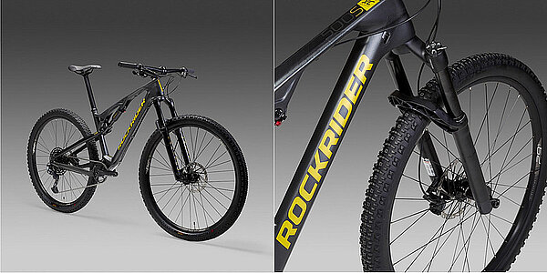 Decathlon ruft Rockrider Mountaibike zurück. Ein Mountaibike wird auf Bildern aus verschiedenen Perspektiven gezeigt.