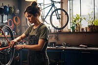 Ein Bild, das eine junge Frau bei der Arbeit an einem Fahrrad in einer Werkstatt zeigt.