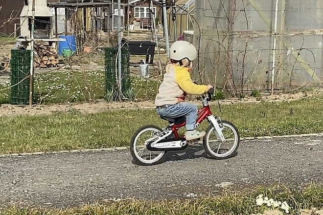Kleinkind fährt auf rotem Kindervelo durch eine Gartenanlage