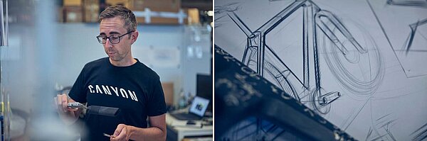 Canyon Innovation Lab. Ein Man mit schwarzem T-Shirt mit der Aufschrift Canyon.