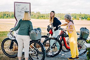 Drei Frauen stehen mit Fahrrädern vor dem Wegweiser einer E-Bike-Route in Bern.