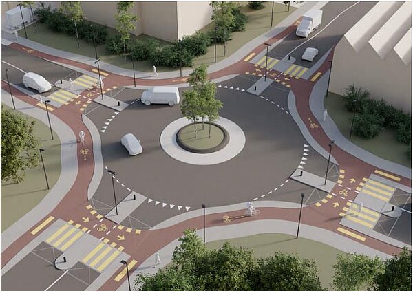 Wie das Astra den Veloverkehr fördern will. Kreuzung mit rot eingefärbten Fahrspuren für Velos.. 