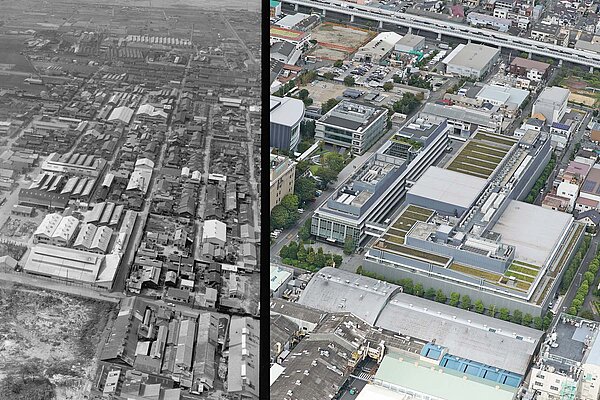 Luftaufhahmen des Shimano-Hauptsitzes in Japan im Jahr 1961 und 2020.