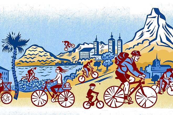Illustration, die Velofahrerinnen und Velofahrer zeigt.