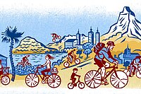 Illustration, die Velofahrerinnen und Velofahrer zeigt.