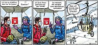 Comicstrip von Schlorian. Zwei Personen fahren mit der Gondel auf einen Berg.