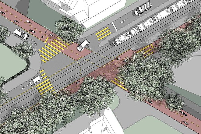 Die «E-Bike City» verteilt den Strassenraum zugunsten von Velos, E-Bikes und Personen zu Fuss um. ETH Zürich E-Bike City. Visualisierung einer velofreundlichen Strassenkreuzung.