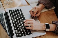 Schwalbe warnt vor betrügerischen Webseiten. Frauenhände auf Laptop tastatur Mac book.