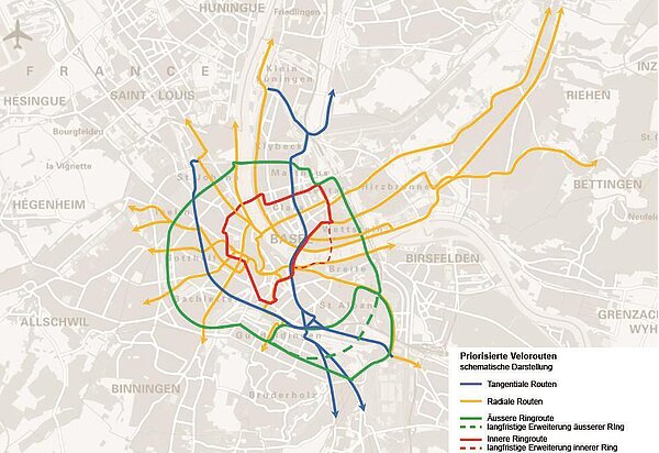 Im «Teilrichtplan Velo» sind Basisrouten, Pendlerrouten und priorisierte Routen verzeichnet.