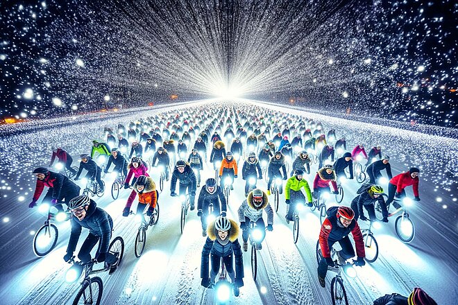 Winterliches Universum aus Velofahrern und Velolichtern. 