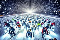 Winterliches Universum aus Velofahrern und Velolichtern. 