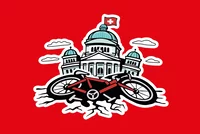 Illustration, die das Bundeshaus in Bern und davor ein kaputtes Fahrrad zeigt. 