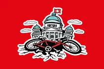 Illustration, die das Bundeshaus in Bern und davor ein kaputtes Fahrrad zeigt. 