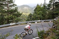 Eine Frau fährt mit dem Rennrad auf einer Passstrasse.