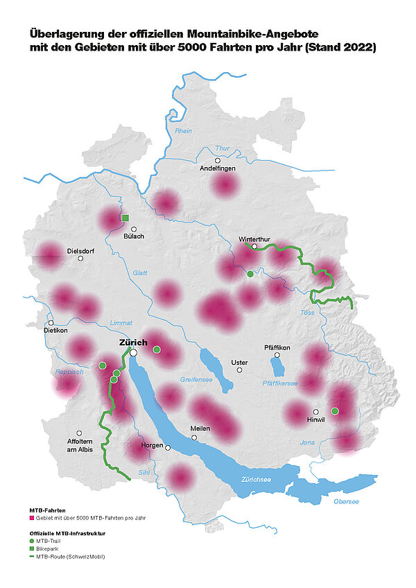 Karte des Kanton Zürichs mit rot eingefärbten Punkten als Markierung wo das Mountainbike genutzt wird.