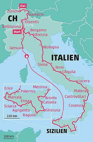 Fahrrad Tandem Reise Italien. Reiseroute