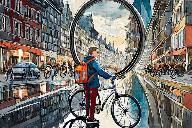 Der Schweiz gelingt es nicht, die Schwächsten im Strassenverkehr genügend zu schützen. ( Kommentar zur Unfallstastistik der Schweiz. Durch KI animiertes Bild eines Radfahrers.