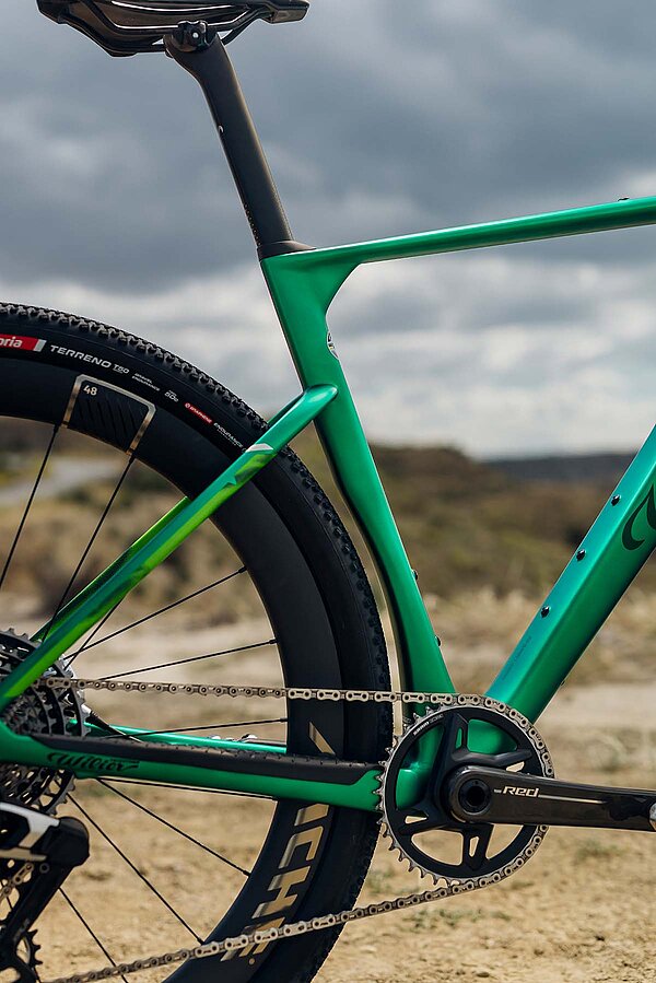 Seitenansicht eines Fahrrads mit grünem Rahmen und breiten Reifen.