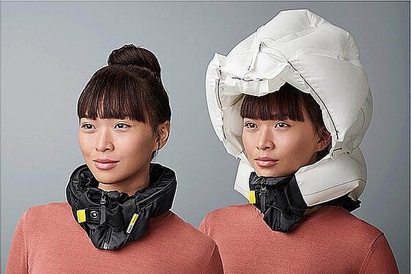 Hövding Velohelm an Frau in geschlossenem und Aufgeblasenem Zustand