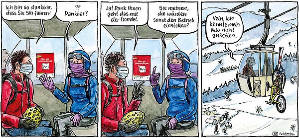 Comicstrip von Schlorian. Zwei Personen fahren mit der Gondel auf einen Berg.