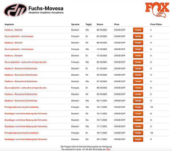 Die Termine der Schulungen zu Fox und Marzocchi.