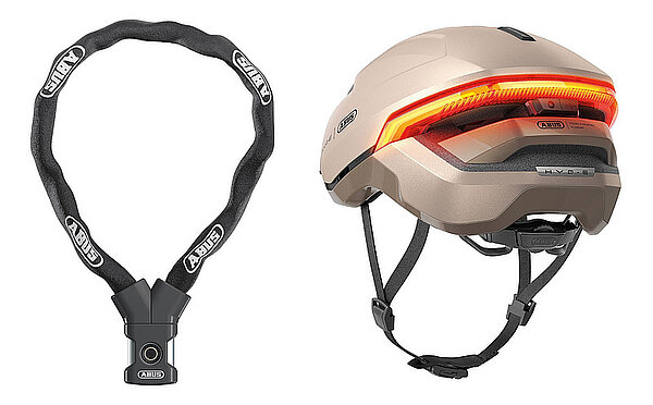 Abus Yardo 7807F und Abus Hyp-E Fahrradschloss und E-Bike-Helm.