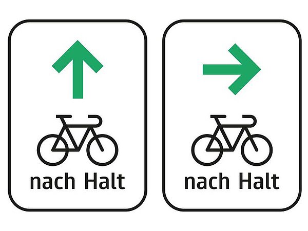 In Österreich dürfen Radfahrer an roten Ampeln nach rechts abbiegen. Verkehrsschilder mit grünem Pfeil und Fahrradsignet.