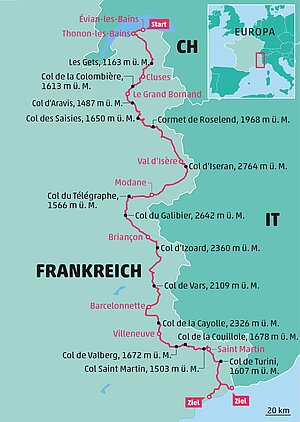 Karte mit eingezeichneter Strecke einer Fahrradtour.