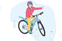 Ein Kind mit rotem Pullover und gelber Hose fährt auf einem Fahrrad.