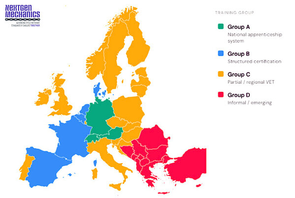 Karte Europas nach Ausbildungsmodellen für das Zweirad-Gewerbe.