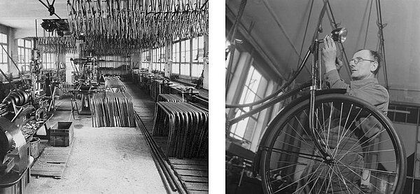 Geschichte der Fahrradproduktion in Euorpa. Schwarzweiss Fotos die die Herstellung von Fahrrädern zeigen.