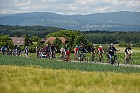 Slowup Autofreie Tage Schweiz. Ein Foto mit vielen Velofahrern, im Hintergrund grüne Hügel. 