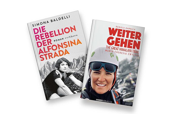 Zwei starke Frauen: Alfonsina Strada nahm 1924 am Giro d'Italia teil. Maria-Theresia Zwyssig fuhr mit dem Velo zum Himalaya, um dort anschliessend Berge zu besteigen. (Fotos: ZVG) Zwei Bücher, die sich um starke Frauen drehen.