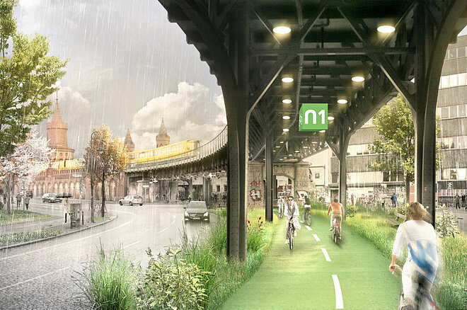 radbahn unter dem Viadukt der U1 in Berlin