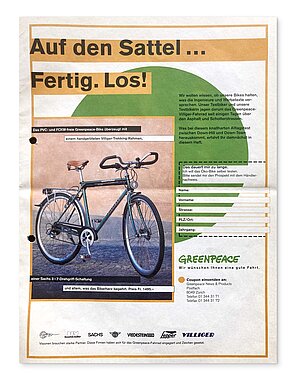 Altes Inserat, das dass Greenpeace Velo von Villiger zeigt.