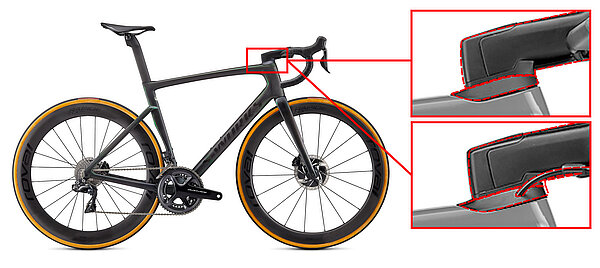 Rennvelo aus Carbon mit integrierten Zügen im Steuerrohr