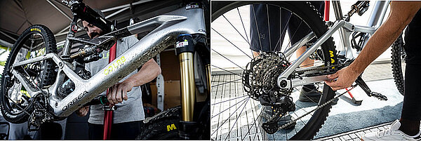 Shimano Steps EP801 Firmware Update. Eine Person arbeitet an der Kurbel eines Mountainbikes.