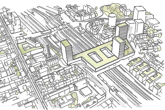 Die Umgestaltung des Nauentor-Areals bietet die Chance, die Veloanbindung des Gundelis an die Stadt zu verbessern. Plan einer Überbauung in Basel
