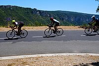 Radfahrer fahren hintereinander eine Strasse hinunter. 