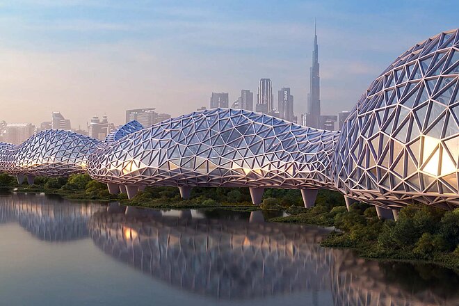 The Loop in Dubai. Glaskonstruktion rund um die Stadt Dubai.