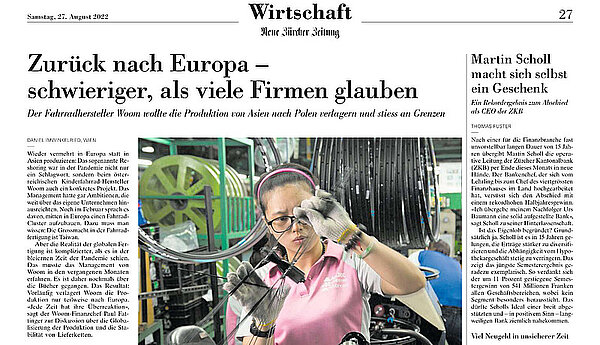 Woom hat Probleme beim Reshoring. Seite einer Wirtschaftszeitung. 