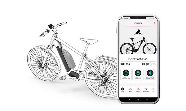 Fit E-Bike Control App Update. Zeichnung eines E-Bikes, daneben ein Smartphone.
