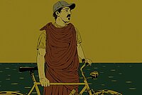 Illustration eines Mannes mit Toga und Fahrrad