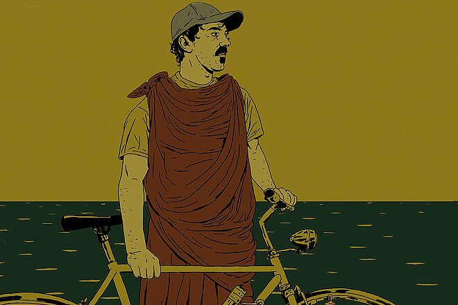 Illustration eines Mannes mit Toga und Fahrrad