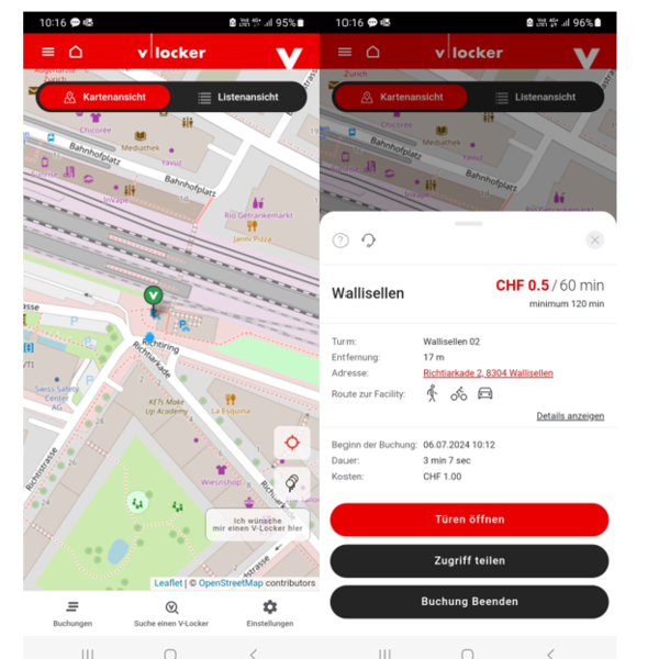 Die V-Locker App wird für Reservation und Öffnung der Parkboxen benötigt.