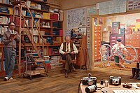 Drei Männer sitzen mit Bücher in einer Bibliothek