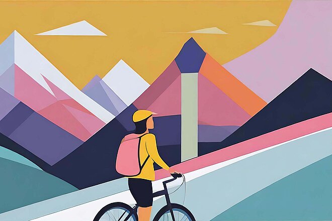 Leserumfrage. Abstraktes Bild einer Velofahrerin in den Bergen.