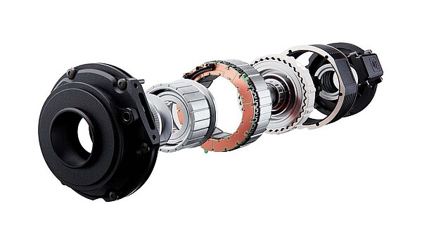 Explosionszeichnung eines E-Bike-Antriebs.