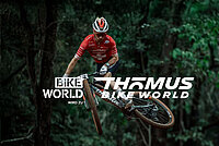 Ein Mountainbiker springt überein Hinderniss.